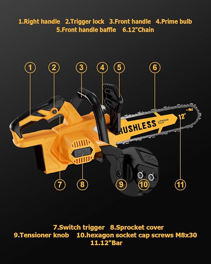 Brushless Cordless Chainsaw Electric 12 Inch Compatible with Dewalt 20V Max Battery Power, No Battery Included 45Ft/s High-Efficiency Chainsaw for Garden, No Installation Required, Yellow