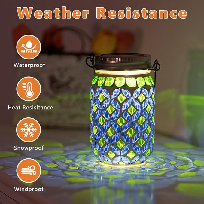 Stargarden 2 Pack Mosaic Solar Lantern , Outdoor Hanging Lantern Waterproof Table Lamp Mosaic Night Light for Tree, Garden, Patio, Yard, Outdoor(Blue Green)