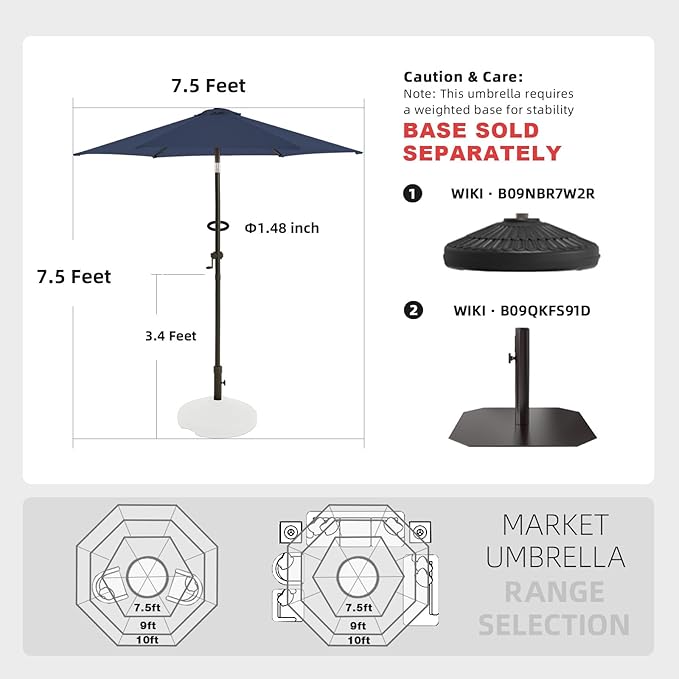 wikiwiki 7.5 FT Patio Umbrellas Outdoor Table Market Umbrella with Push Button Tilt/Crank, 6 Sturdy Ribs, Fade Resistant Waterproof POLYESTER DTY Canopy for Garden, Lawn, Deck, Backyard & Pool, Navy