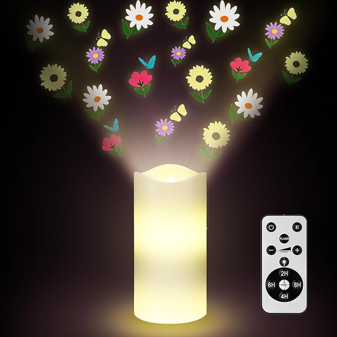 Spring Flower Flameless Candles Projector Wildflower Lights Spring Gift Floral LED Candle Night Light Battery Operated with Remote Timer for Wedding Tea Party Summer Decoration for Home Indoor