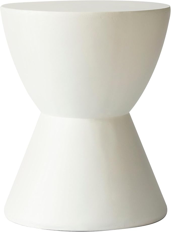LeisureMod Loft Series White Fiberstone Side Table - Modern Hourglass Round Pedestal - 18-inch Weather-Resistant Accent for Outdoor Patio and Indoor Living Room Decor