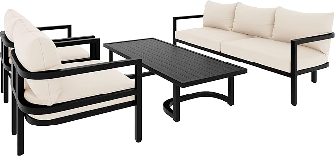 4-Piece Outdoor Steel Sofa Set, All Weather Patio Conversation Set with 1 Love Sofa, 2 Single Sofas, Coffee Table, Waterproof Cushions, Suitable for Backyard, Poolside Gardens (Beige-Z)