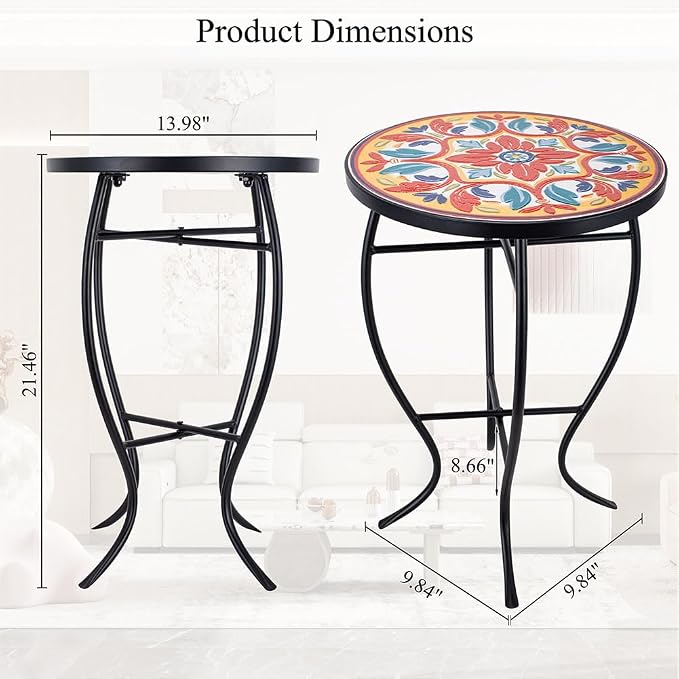 14 Inch Mosaic Patio Side Table with X-Curved Legs, Indoor Outdoor Accent Round End Table with Ceramic Tile Tops for Yard, Garden, Living Room, Bistro, C - Mediterranean Floral Pattern