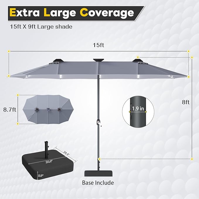 AECOJOY 15ft Double-Sided Patio Umbrella with Solar Lights, Outdoor Rectangle Market Large Patio Umbrella with Base Include|Crank Handle|156 PCS LED Lights for Garden Deck Pool in Grey(1.9" Pole)