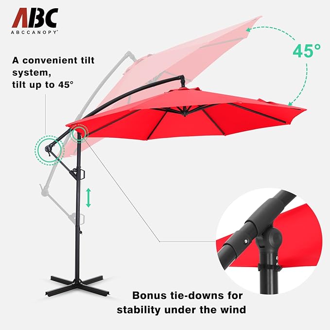 ABCCANOPY 9FT Cantilever Patio Umbrella with base included, 360° Rotation Outdoor Offset Umbrella for Backyard, Deck, Poolside (Red)
