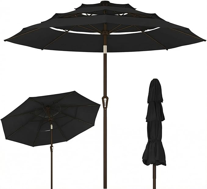 Kingdura 9ft 3-Tier Patio Umbrella, Outdoor Table Umbrella with Easy Crank & Tilt, 8 Reinforced Ribs, UV Protection for Deck, Pool, Market, Backyard (Black)
