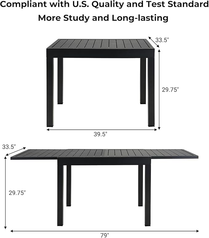 Grand patio 7-Piece Patio Dining Set for 6, 6 E-Coated Outdoor Dining Set Fixed Patio Dining Chairs with Olefin Cushions & 1 Black Extendable Rectangular Table for 4-6 Person