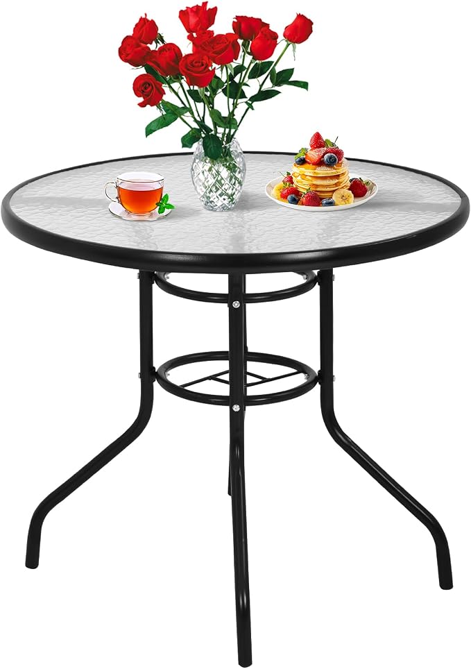 BLKMTY 32" Round Bistro Table Outdoor Furniture Garden Tables Patio Coffee with Tempered Glass Top Patio Glass Side Table for Backyard Lawn Balcony Pool, Black