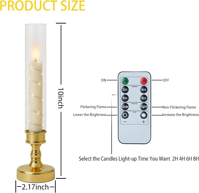 6 PCS Flameless Candles with Timer, Flickering Flameless LED Pillar Candles for Romantic Ambiance with Embedded Star String, Acrylic Battery Perated Fake Candles for Home Decoration (Gold)