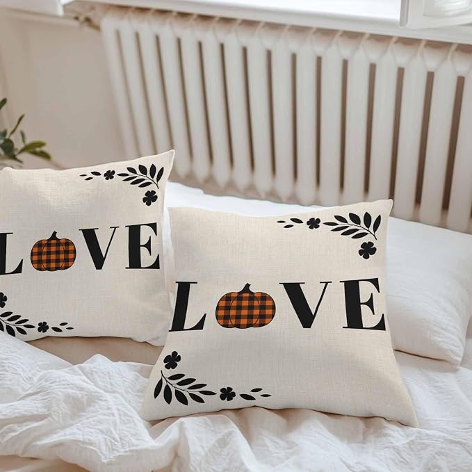 Orange Pumpkin Outdoor Waterproof Pillow Covers, Fall Leaves Love Heart Beige Pastoral Decorative Square Throw Pillowcase Sofa Cushion Sham for Patio/Couch/Chair, 26"x26" 2 Pack