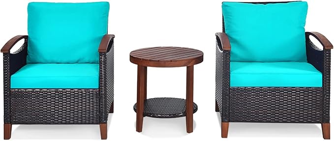HAPPYGRILL 3-Piece Patio Conversation Set Outdoor Rattan Wicker Sofa Set with Cushion and Acacia Wood Frame Table and Chairs Set for Garden Poolside Balcony