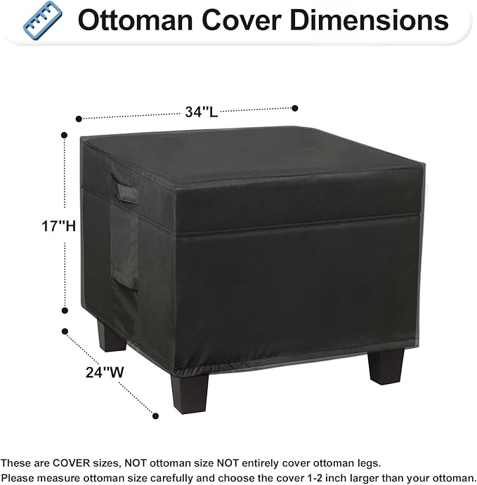 OutdoorLines Outdoor Waterproof Patio Ottoman Covers - Rectangle UV-Proof Patio Side Table Cover Windproof Heavy-Duty Furniture Covering Protector 34L x 24W x 17H Inch, Black