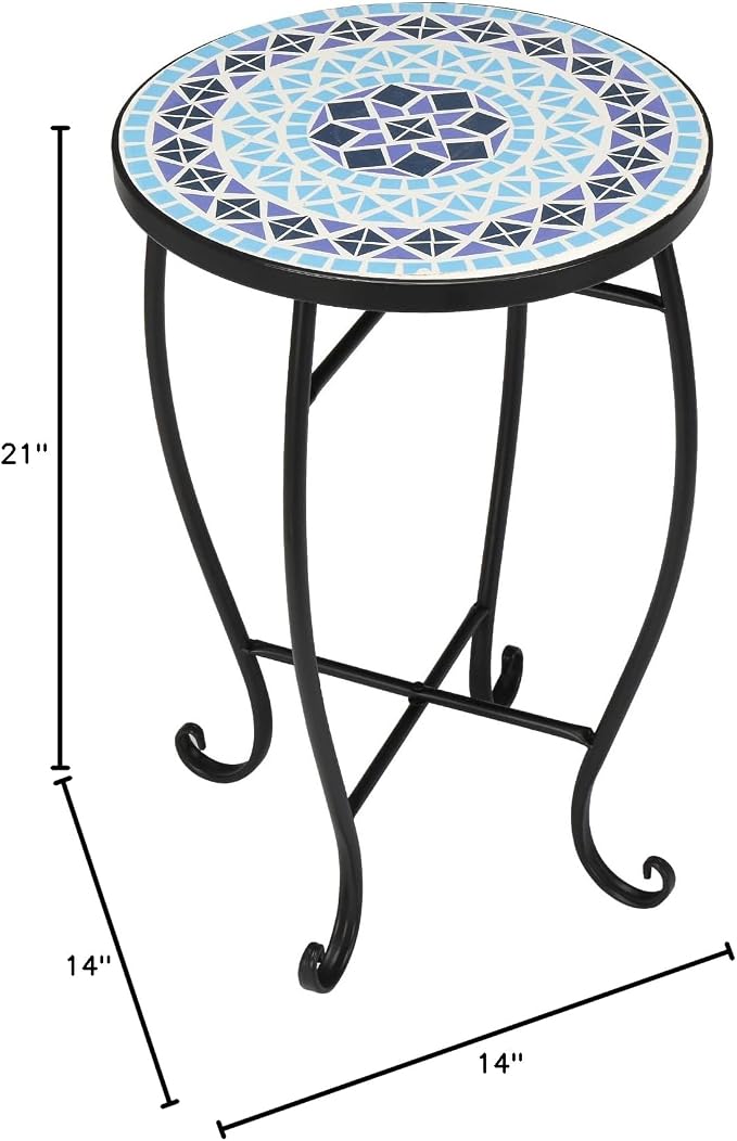VINGLI Mosaic Accent Table, 14" Round Side Table,End Table, Plant Stand Decor for Patio Porch Beach Theme Balcony Back Deck Pool Indoor Outdoor Coffee, Metal Cobalt Glass Top Black Iron(Blue Ocean)