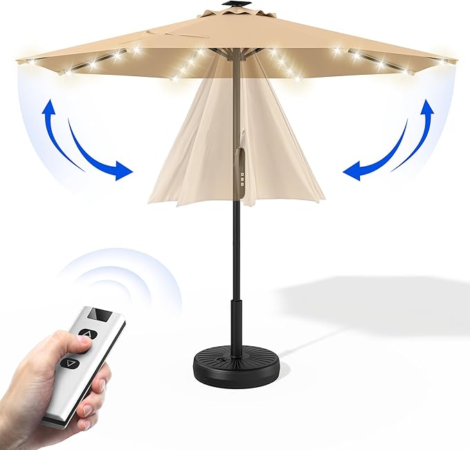 HOMSHADE 9FT Motorized Patio Umbrella with Remote Control & Solar Lights, Outdoor Table Umbrella with One-Button Switch for Deck, Backyard, Pool(Buff)