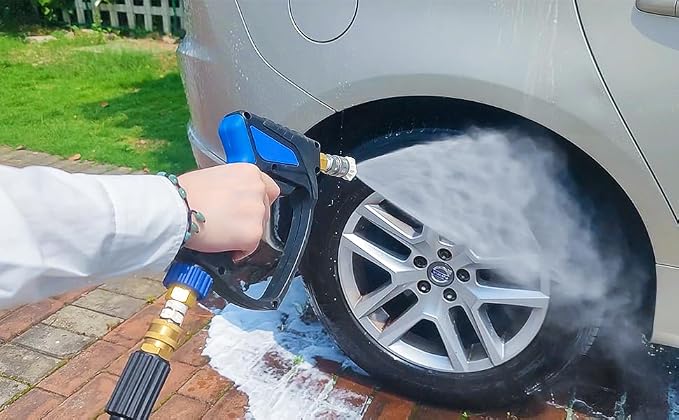 TOOLCY Short Pressure Washer Gun with Swivel, 3/8" QC Inlet and Stainless 1/4" Quick Connector, 5000 PSI, 10.5 GPM, Stubby High Pressure Gun, Solid Brass M22 14mm & 15mm Fitting and 5 Nozzle Tips