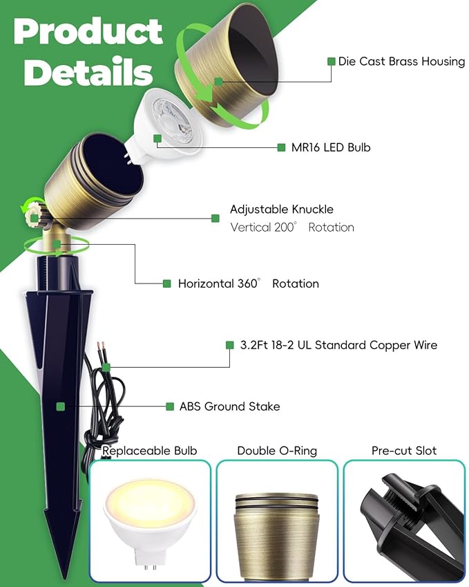 Low Voltage Brass Landscape Light, Solid Outdoor Spotlight with Replaceable MR16 LED Bulb 5W, 2700K Warm White, 12V 24V Landscape Lighting, Waterproof Design for Garden, Yard