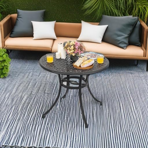NUU GARDEN 35 Inch Patio Dining Table with Umbrella Hole, Outdoor Cast Aluminum Bistro Table, Black with Antique Bronze at The Edge