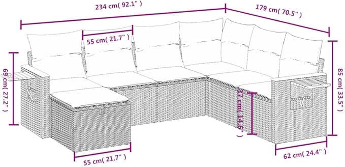 vidaXL Patio Sofa Set with Cushions 7 Piece, Outdoor Conversation Set, Sectional Sofa for Balcony Garden, Modern Style, Gray Poly Rattan