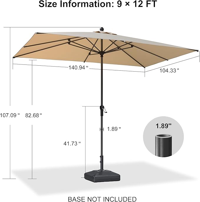 PURPLE LEAF 12' x 9' Patio Market Umbrella Outdoor Table Sun Umbrellas with Crank 8 Aluminum Sturdy Ribs for Pool Deck Backyard Beach Beige