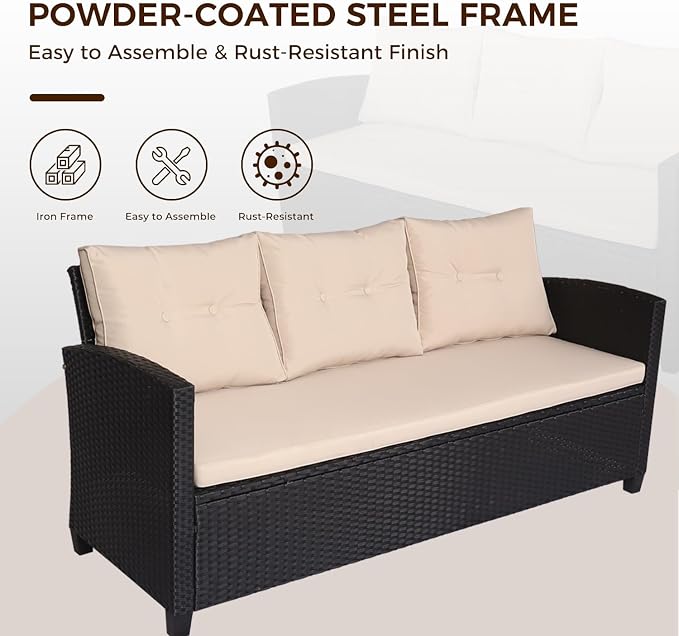 Suntone Outdoor Wicker Patio Furniture Sets, Patio Conversation Set - 3 Piece Patio Sectional Sofa Set, Coffee Table, Black/Beige