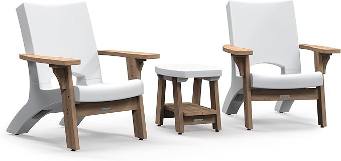 Mayne Mesa Outdoor Patio Conversation Set – Modern Adirondack-Style Chairs with Wood-Tone Arms and Matching Side Table – Weather-Resistant Furniture, White