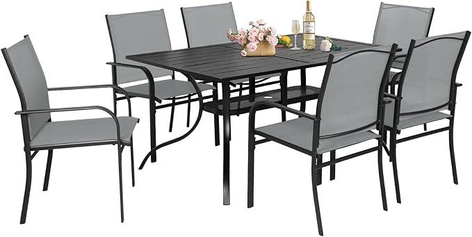 7-Piece Patio Dining Set,6 Person Outdoor Table and Chairs Set, 6 Metal Dining Chairs and Rectangular Outdoor Table with 1.57" Umbrella Hole,Grey