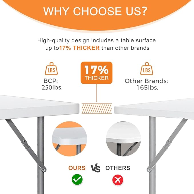 Lakhow Folding Table 4 Foot Portable Heavy Duty Plastic Fold-in-Half Utility Table with Carrying Handle,Indoor Outdoor Small Adjustable Height Folding,Camping and Party,White