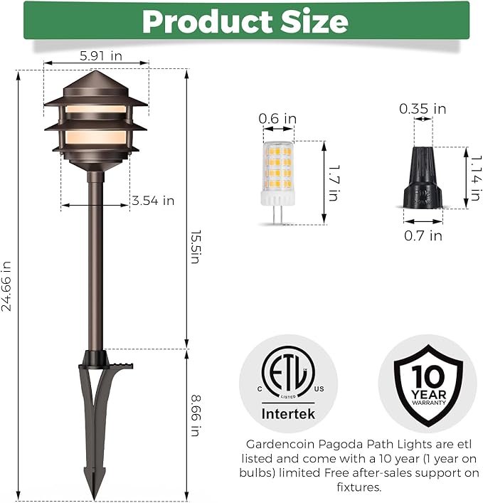 Gardencoin Pagoda Low Voltage Landscape Pathway Lights, 12V Outdoor LED Path Lights Wired, Aluminum Walkway Lighting with 4W 2700K Replaceable G4 Bulb, Bronze Classic 3-Tier Lantern, 12 Pack