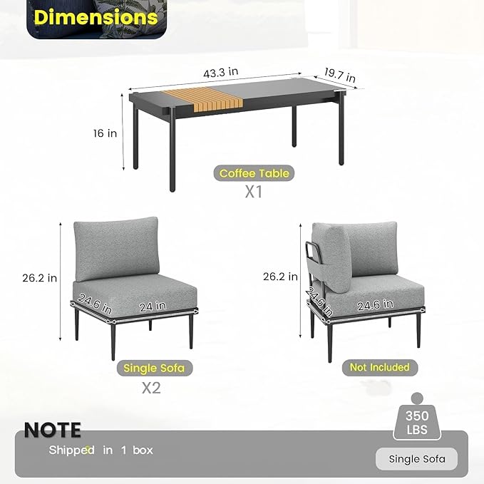 Metal Patio Furniture Set, 3 Pieces Outdoor Sectional Sofa Sets with Coffee Table, 6" Thick Cushion Modular Outdoor Conversation Set for Balcony, Patio & Courtyard, Gray