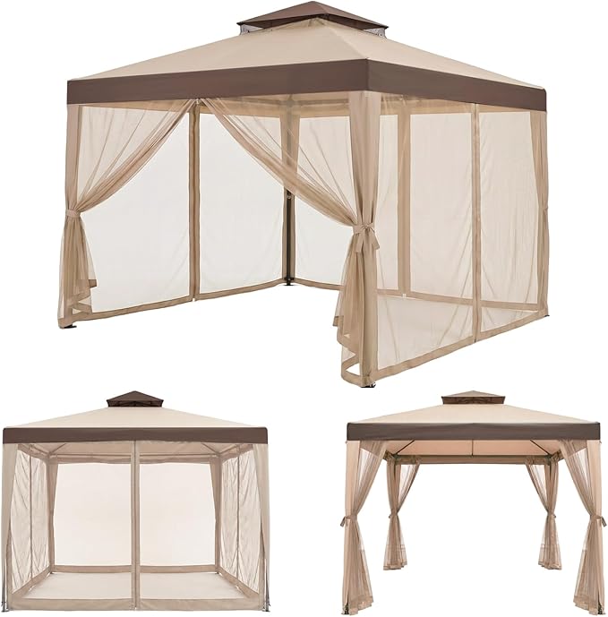 10x10 Gazebo with Netting, Canopy Tent Sun Shade Shelter for Outdoor Patio Backyard (Beige)