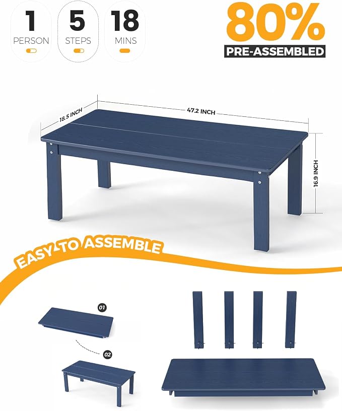 nevilywood Adirondack Coffee Table, HDPE All-Weather Wood Grain, Patio, Garden, Backyard, 47.3" x 22.7" x 17", Navy Blue