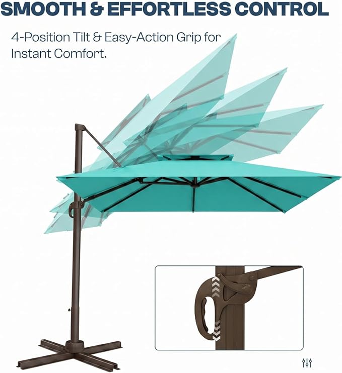 10'×10' Patio Umbrella, Double Top Aluminum Cantilever Umbrella with 360°Rotation, Offset Patio Umbrella with Easy Tilt for Pool Deck Garden Backyard, Turquoise (Base not Included)