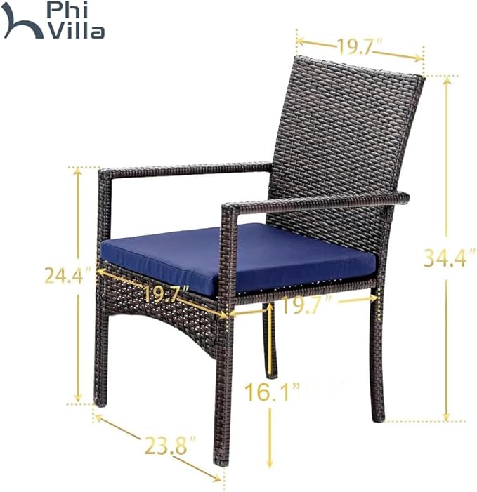 PHI VILLA Wicker Patio Dining Chairs Set of 2 with Removable Cushions | 2 Rattan dining chairs with thick removable seat cushions. Sturdy steel frame, easy assembly.