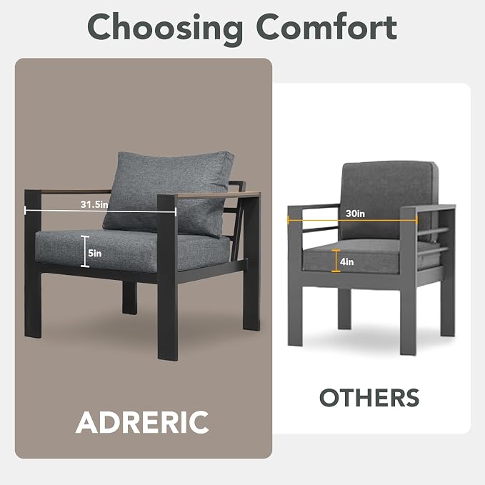 Patio Furniture Armchair Set of 2, All-Weather Patio Sofa with Washable Thick Cushion, Deluxe Aluminum Modern Outdoor Sectional for Porch, Balcony, Deck, Yard, Light Gray