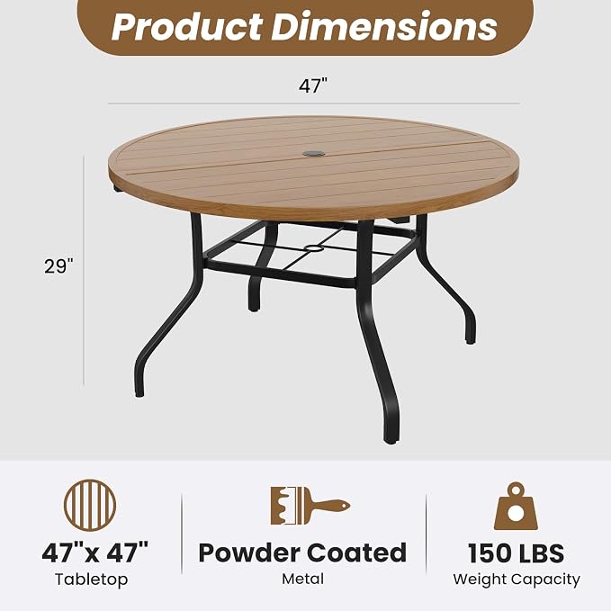 Soohow Round Outdoor Patio Dining Table, 47" Round Patio Table Wood-Like Grain with 1.57" Umbrella Hole, Metal Outdoor Dining Tables for Backyard and Poolside