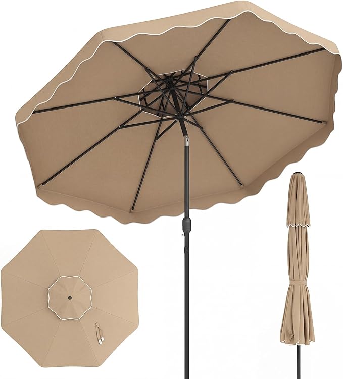 Happygrill 10 FT Patio Umbrella, Scalloped Outdoor Table Market Umbrella with Push Button Tilt & Crank, 2-Tier Vented Top, Heavy-Duty 8 Metal Ribs, Sun-Protective Canopy, Ruffle for Deck Pool Garden (Brown)