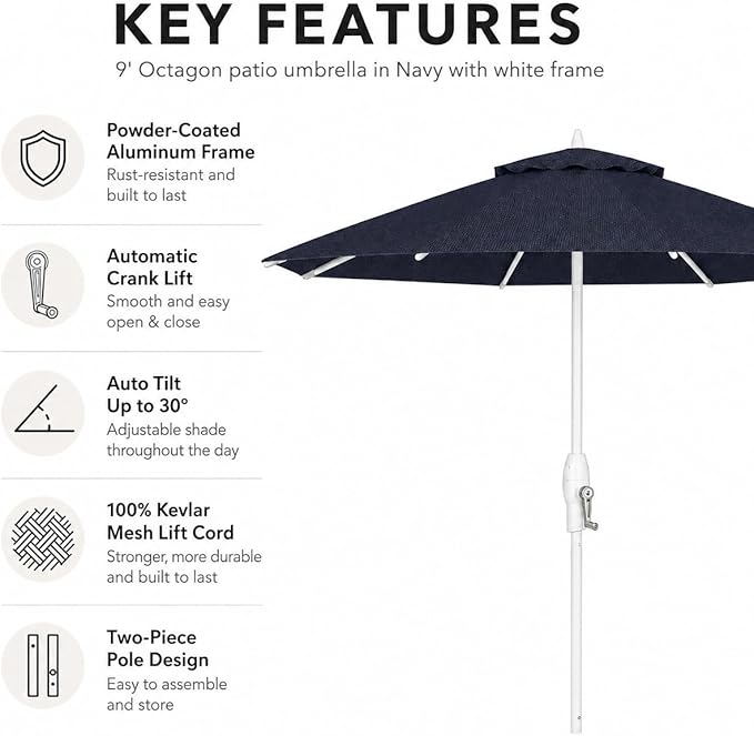 Treasure Garden 9ft Patio Umbrella - Outdoor Furniture Market Umbrella – Deluxe Auto-Tilt – White Aluminum Frame (Sunbrella, Navy)