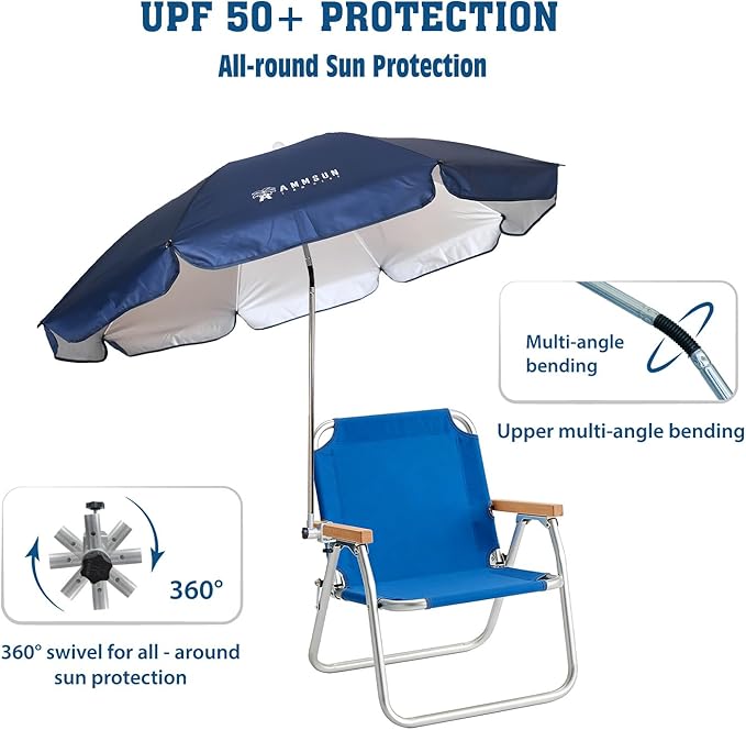 AMMSUN Chair Umbrella with Universal Clamp Adjustable 47 inches and 360° Swivel & UPF 50+ Protection Portable Sun Umbrella, Secure Clip on Camping/Beach Chairs, Stroller, Wheelchair, Golf cart, Lounger, Navy Blue, Large-sized