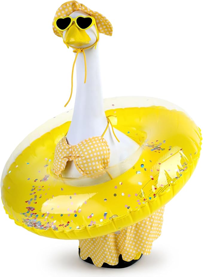 Porch Goose Outfit, Summer Yellow Bikini Set for 23 Inch Porch Goose with Pool Float, Hat and Sunglasses, Yard Porch Decor