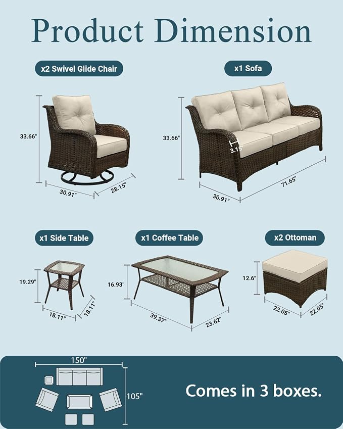 Luxury Patio Conversation Set, 7-Piece Ergonomic High Back Wicker Sofa&Swivel Chair Set with 6-Inch Deep Seating Cushions, Large Patio Furniture Set for Garden, Deck & Balcony, Beige