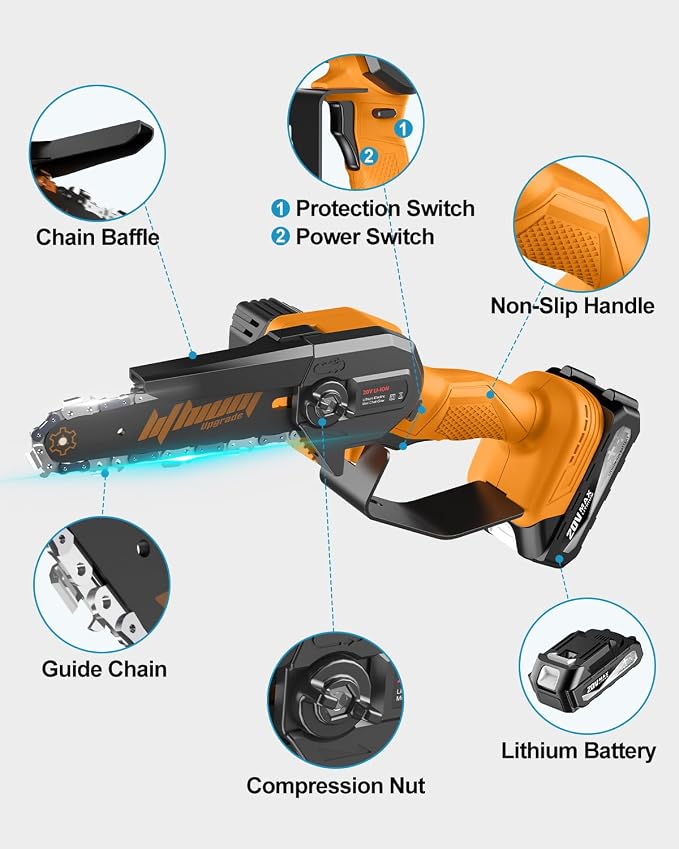 Fostex 6 Inch Cordless Mini Chainsaw, Handheld Electric Chain Saw with 2×2Ah Batteries & 2 Chains, Lightweight Battery Powered Saw for Tree Trimming, Branch Pruning, Gift for Men & Women (Yellow)