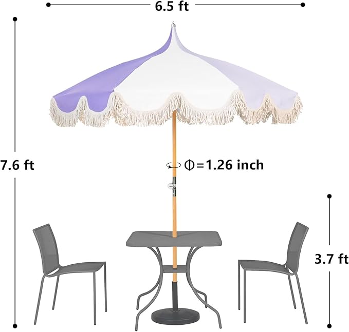 6.5ft Pagoda Beach Umbrella with Fringe, UPF 50+ Boho Umbrellas with Carry Bag, Premium Wood Pole Foldable Tassel Umbrella for Outdoor Garden Lawn Pool Yard Table