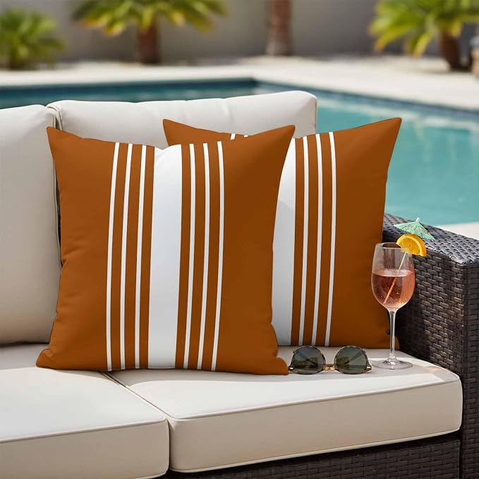Burnt Orange White Stripe Outdoor Pillow Covers 16x16 Inch Throw Pillow Covers Set of 2 Waterproof Decorative Pillow Cases Modern Rustic Vertical Striped Cushion Covers for Patio Furniture Garden