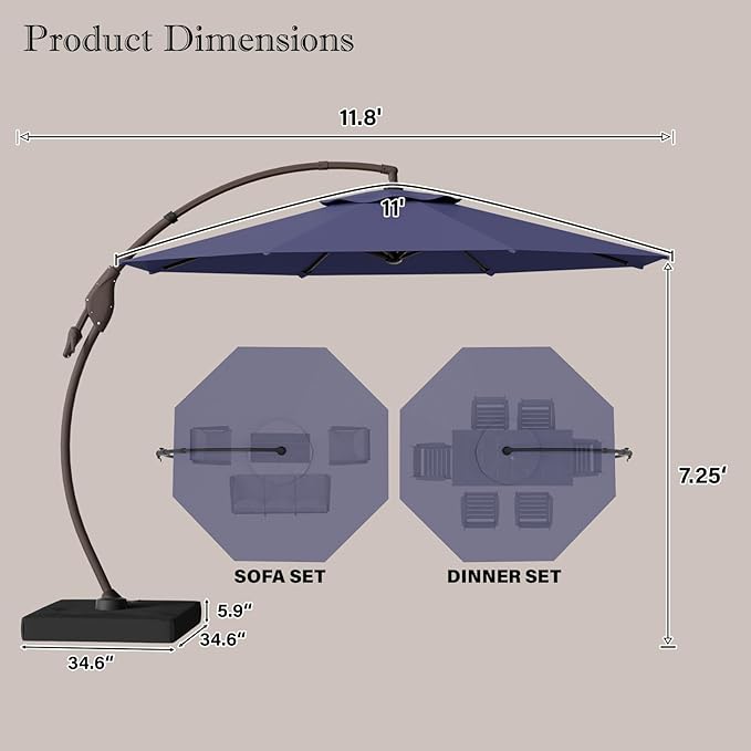 Cantilever Umbrella with Heavy-Duty Base, Outdoor Large Round Aluminum Offset Umbrella for Patio Garden Backyard, UV-Resistant Waterproof Canopy, 360° Rotation & Tilt Adjustment