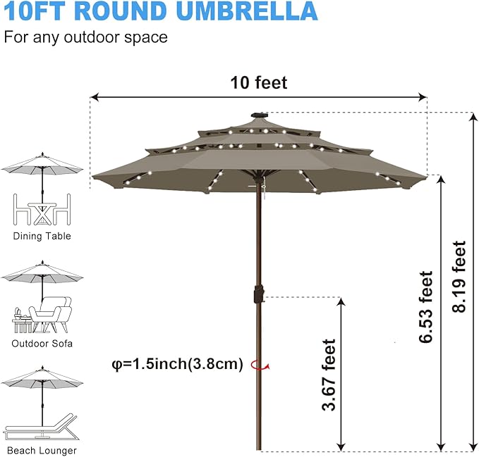 Eurmax USA 10-Year-Non-Fading 10FT 3-Tier Outdoor Patio Market Umbrella with LED Lights,UPF50+ UV Resistant,Commercial Grade,Crank Lift Design,Windproof Vented Top for Garden,Pool,Deck,Taupe