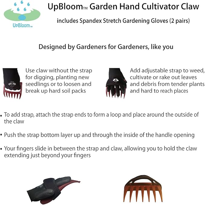 UpBloom - Garden Hand Cultivator Includes 2 Pairs of Spandex Gardening Gloves - ergonomically Designed to rake, dig, Weed, Plant, Aerate and Cultivate Vegetable and Flower beds (Small)