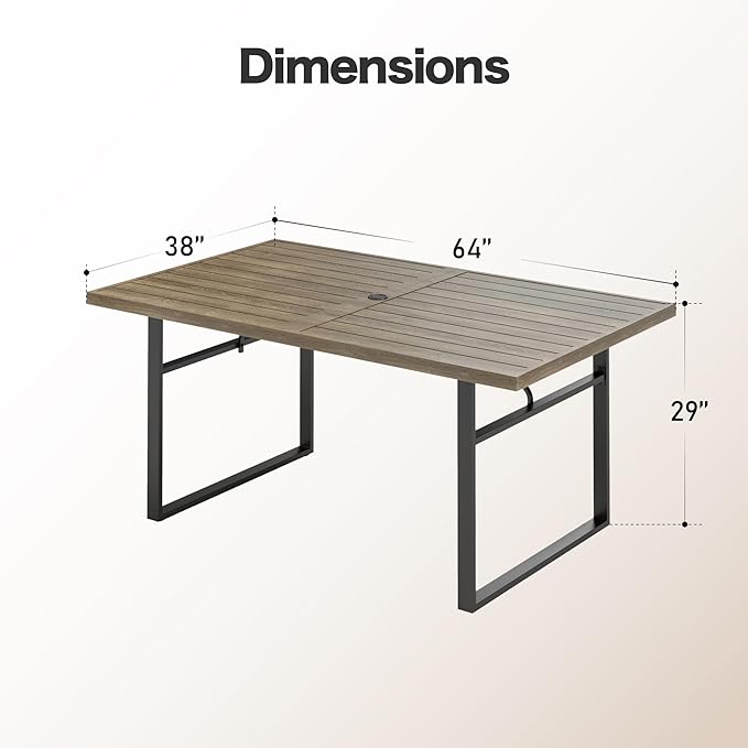 SUNSHINE VALLEY 64" Patio Dining Table for 6,Teak Color Rectangle Patio Table with Umbrella Hole,E-Coating and Powder Coating Steel Frame Metal Outdoor Patio Table for Garden Backyard Lawn Yard