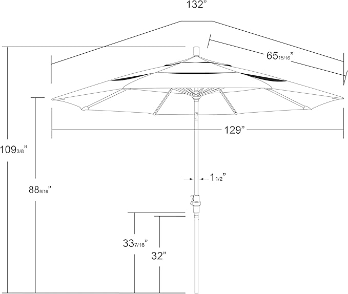 California Umbrella 11Ft Sunbrella Patio Umbrella, Fiberglass Ribs, Hand-Crank, Tilt-Collar, White Frame, Jockey Red Fabric