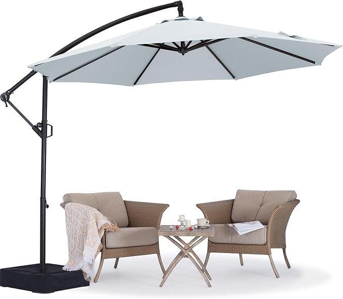 ABCCANOPY 10FT Cantilever Patio Umbrella with base included, 360° Rotation Outdoor Offset Umbrella Bonus Fix Frame & Weights Bag for Backyard, Deck, Poolside (Gray)