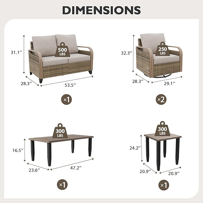 EAGLE PEAK Modern Wicker Outdoor Patio Furniture Set, Patio Conversation Set, 2 Swivel Rocking Chairs, 2-Seat Loveseat, Coffee Table and Side Table, 5 Pieces, Brown/Gray